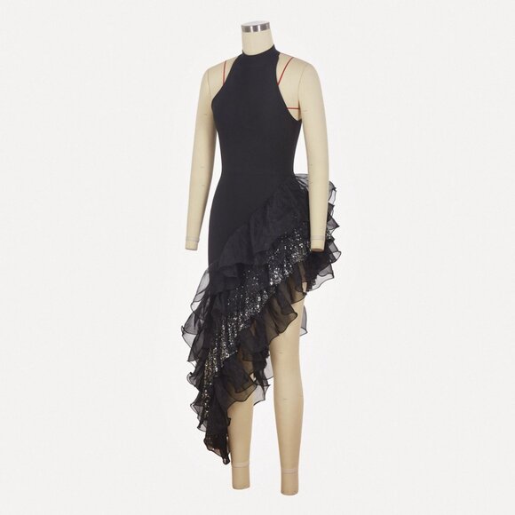 Black Halter Ruffle Sequin Gown - Asymmetrical Maxi Dress! - Picture 7 of 16